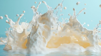 Poster - An energetic water splash with dynamic droplets on a light blue backdrop, representing freshness and vitality in an artistic generative AI rendering.