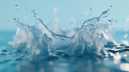 Poster - An energetic water splash with dynamic droplets on a light blue backdrop, representing freshness and vitality in an artistic generative AI rendering.