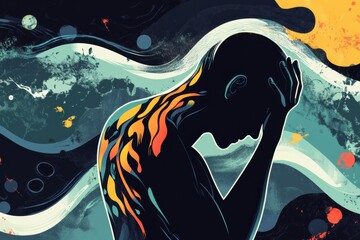 Leinwandbilder - Illustration of a person in pain, holding head and back amidst abstract waves and sharp shapes representing struggle. Generative AI