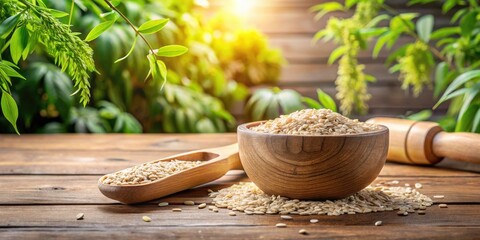 Poster - Wooden bowl of uncooked grain on rustic wood surface with scoop and lush green background
