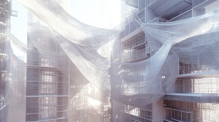 Poster - An ongoing building construction process with safety nets, beams, and multi-level architecture, capturing the essence of urban development and real estate.