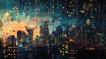 Poster - Binary codes overlayed on a digital world map with an urban city skyline in the background at night, symbolizing the digital age and the global flow of information