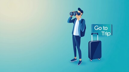 Poster - Businessman with luggage and binoculars, standing beside a smartphone displaying the 