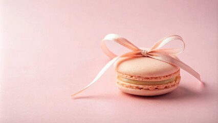 Poster - A single, delicate pink macaron adorned with a light pink ribbon bow, rests on a pale pink background