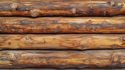 Poster - Close-up of stacked pine logs with visible wood grain texture, creating a rustic lumber background perfect for nature or construction themes.