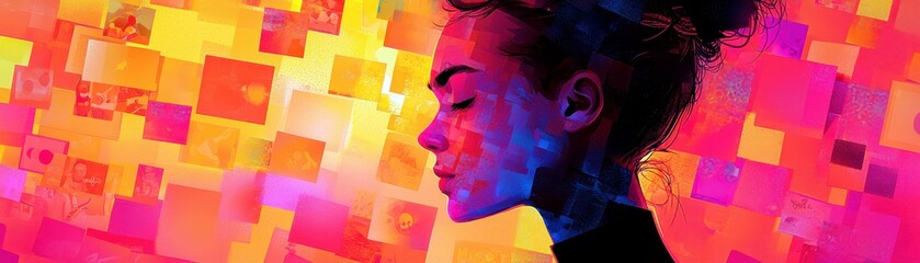 Poster - Ethereal Woman in Profile Surrounded by Vibrant Colorful Patterns and Abstract Shapes in a Dreamlike Digital Art Style