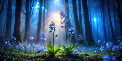 Poster - Enchanted Forest Blooms Mystical Blue Flowers Glowing in a Dreamlike Setting