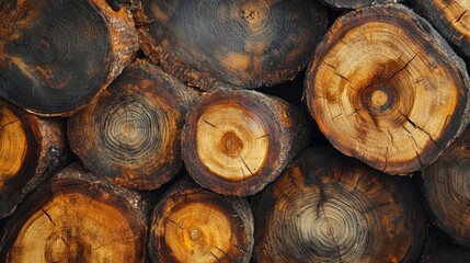 Poster - Close-up view of stacked pine logs in a lumber yard, showing the rich texture of the wood and the earthy tones of the logs.
