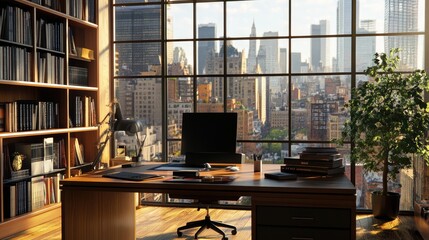 Poster - Contemporary office workspace with a wooden desk, black chair, computer, bookshelves, and a beautiful cityscape view from large windows