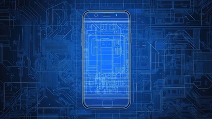 Poster - Detailed blueprint of a smartphone on a circuit board, with fine lines and patterns symbolizing technical excellence and modern innovation.
