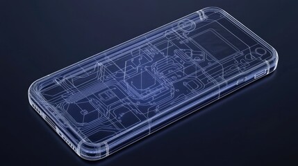Poster - Detailed blueprint of a smartphone on a circuit board, with fine lines and patterns symbolizing technical excellence and modern innovation.