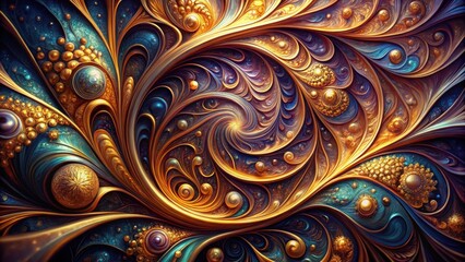 Aufkleber - Abstract swirling gold and teal fractal artwork featuring ornate patterns and pearl-like spheres.