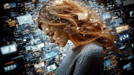 Poster - Woman with long hair contemplating digital data, technology, and information overload, surrounded by floating screens and holographic images in modern environment