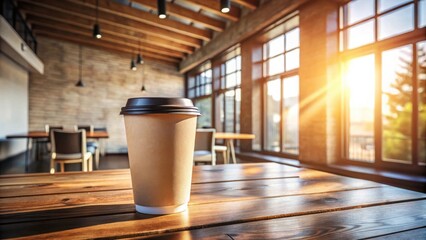 Canvas Print - A paper coffee cup sits on a rustic wooden table in a sunlit cafe