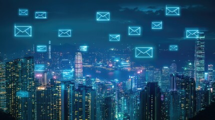 Poster - Digital email icons floating above a vibrant city skyline at night, symbolizing global communication and connectivity.