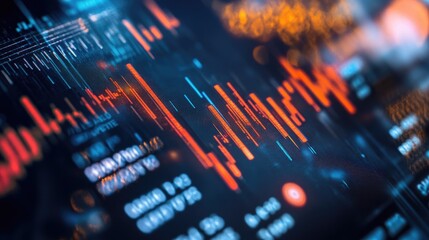 Poster - Digital financial data and stock market candlestick charts on a credit card, with numbers and graphs displayed, representing the future of financial transactions