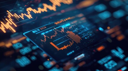 Poster - Digital financial data and stock market candlestick charts on a credit card, with numbers and graphs displayed, representing the future of financial transactions