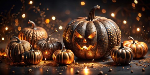 Poster - Spooky Season Decor Gleaming Gold and Black Pumpkins with Festive Lights