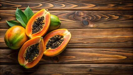 Aufkleber - Ripe papayas with seeds on a rustic wooden surface, vibrant tropical fruit composition
