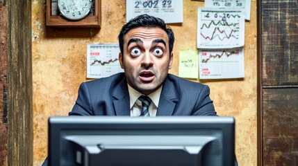 Poster - Businessman in Suit Expressing Shock While Looking at Computer Screen Surrounded by Stock Market Charts and Clock on Wall