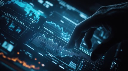 Poster - Futuristic digital screen displaying financial data and stock market graphs, with a hand interacting with the data, illustrating modern investment analysis