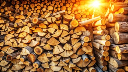 Aufkleber - Warm, Golden Sunlight Illuminates a Stack of Cut Logs, Perfect for a Rustic Background