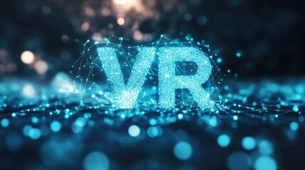 Aufkleber - Glowing VR text in blue dots with network-like connections on a dark background, symbolizing virtual reality and digital connectivity in modern technology