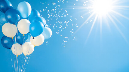 Poster - A vibrant display of blue and white balloons against a clear sky, illuminated by bright sunlight, creating a festive atmosphere