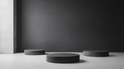 Poster - Group of minimalistic concrete podiums arranged on a simple gray background, ideal for product display in a clean, empty space.