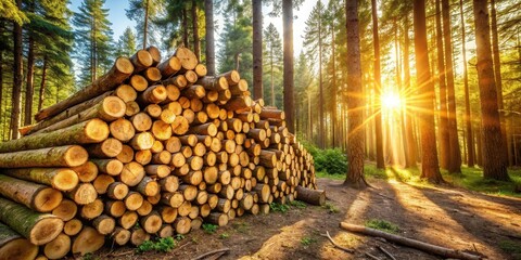 Poster - Golden Hour Lumber Pile in a Sun-Drenched Forest