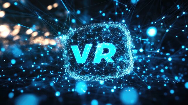 Glowing VR text in blue dots with network-like connections on a dark background, symbolizing virtual reality and digital connectivity in modern technology