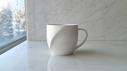 Poster - A minimalist white mug with a unique design, positioned on a marble surface near a window, showcasing soft natural light