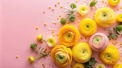 Poster - A delightful arrangement of vibrant yellow and pale pink ranunculus blossoms, interspersed with delicate greenery and tiny colorful beads, set against a soft pink backdrop.