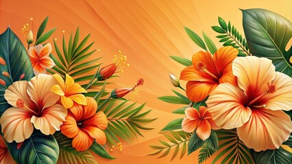 Poster - Vibrant Orange and Peach Hibiscus Flowers with Lush Tropical Foliage on an Abstract Orange Background