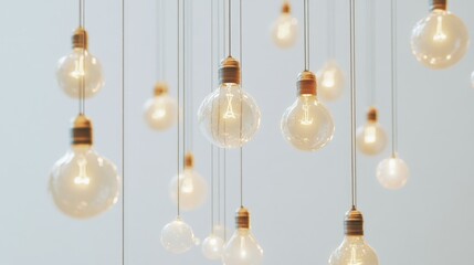 Poster - Light bulbs hanging from strings against a white background, symbolizing innovation, creativity, and ideas in business and technology.