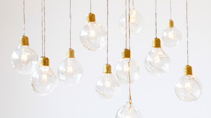 Poster - Light bulbs hanging from strings against a white background, symbolizing innovation, creativity, and ideas in business and technology.
