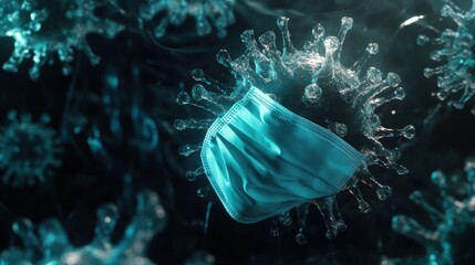 Fototapete - Mask and gloves amidst fading viruses in a conceptual representation of health safety measures. Generative AI