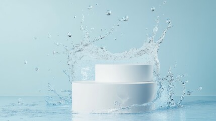 Poster - Minimalist white podiums on a blue background, enhanced with water splashes for a dynamic and clean product display.