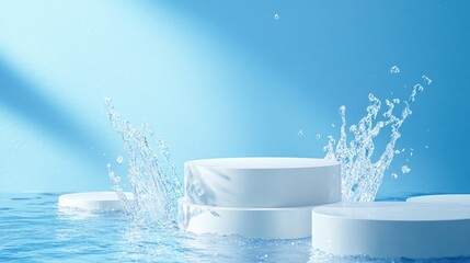 Poster - Minimalist white podiums on a blue background, enhanced with water splashes for a dynamic and clean product display.