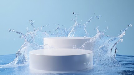 Poster - Minimalist white podiums on a blue background, enhanced with water splashes for a dynamic and clean product display.