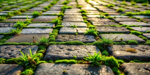 Poster - Stone pathway with vibrant green moss and grass growing between the stones in sunlight