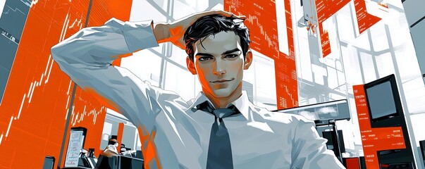 Poster - Business professional with a confident pose in a modern office environment featuring stock market data and digital analytics on screens