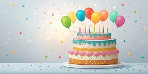 Poster - A Festive Two-Tiered Birthday Cake with Balloons and Confetti