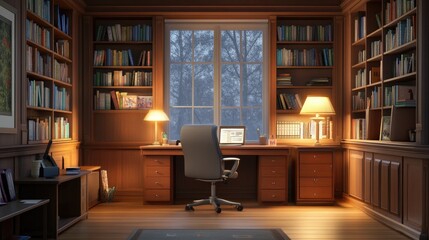Aufkleber - Stylish home office with a sleek desk, ergonomic chair, bookshelves, and a soft glow from a desk lamp, creating a peaceful work environment