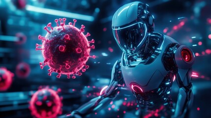 Fototapete - Innovative robots are effectively neutralizing viruses with advanced technology in a futuristic environment. Generative AI