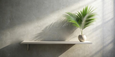 Poster - Minimalist home decor a simple white shelf against a textured wall, adorned with a potted palm frond bathed in sunlight.