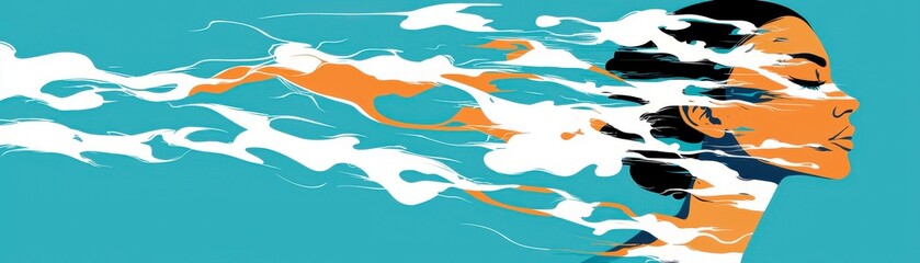 Poster - Woman's face with abstract colorful smoke and waves blending into a vibrant blue background, showcasing creativity and artistic expression in modern design