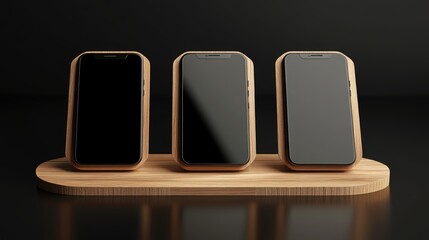 Aufkleber - Three smartphones on wooden podiums with blank screens, set in a clean, modern display on a dark background, ideal for showcasing tech designs