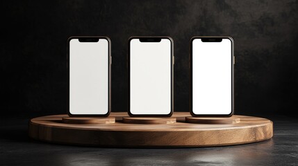 Aufkleber - Three smartphones with blank screens displayed on wooden podiums against a dark background, perfect for a mockup presentation with a sophisticated touch
