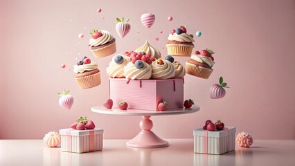 Poster - Pink Cake Stand with Delicious Cupcakes and Gifts